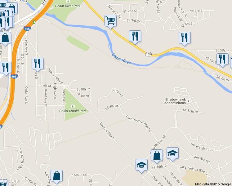 map of restaurants, bars, coffee shops, grocery stores, and more near 2221 Southeast 8th Place in Renton