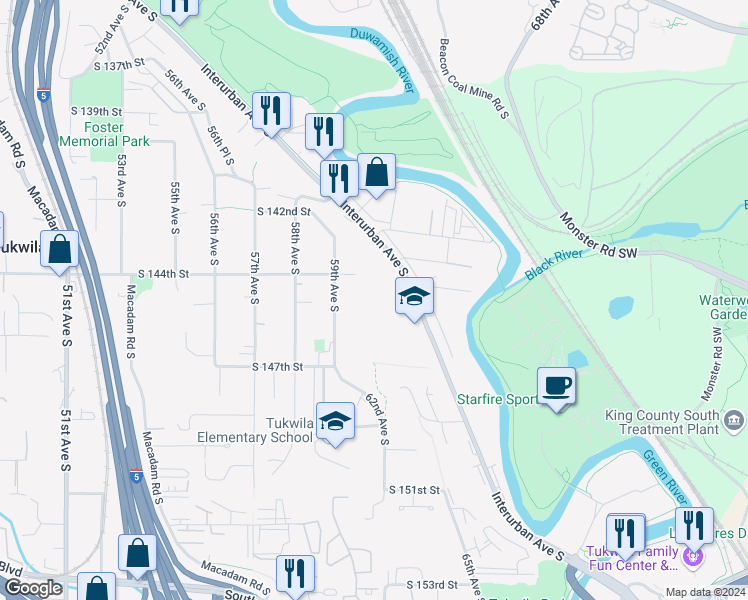 map of restaurants, bars, coffee shops, grocery stores, and more near 14442 59th Avenue South in Tukwila