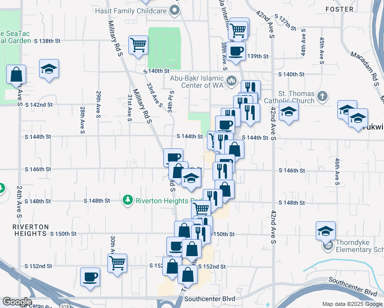map of restaurants, bars, coffee shops, grocery stores, and more near 3440 South 146th Street in Tukwila