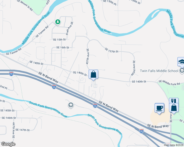 map of restaurants, bars, coffee shops, grocery stores, and more near 45703 Southeast 139th Place in North Bend
