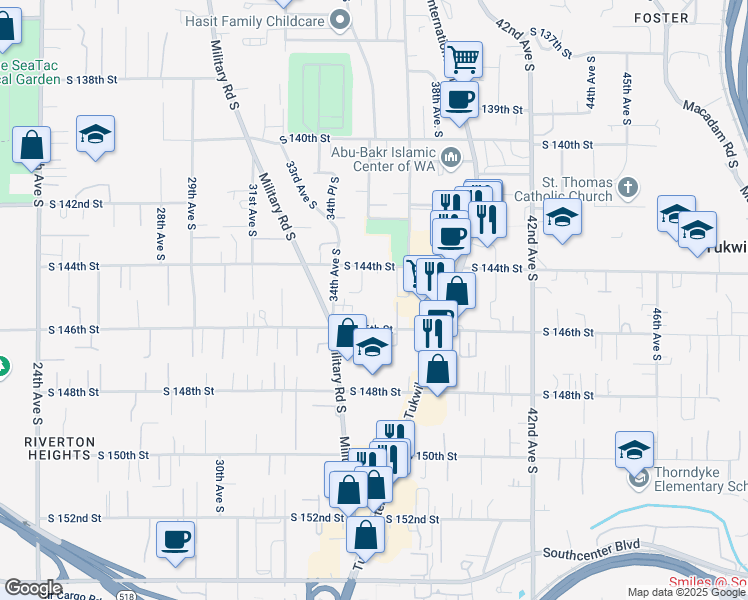 map of restaurants, bars, coffee shops, grocery stores, and more near 3440 South 146th Street in Tukwila