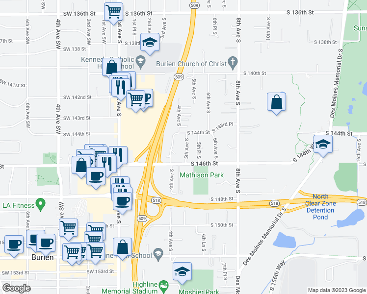 map of restaurants, bars, coffee shops, grocery stores, and more near 14425 5th Avenue South in Burien