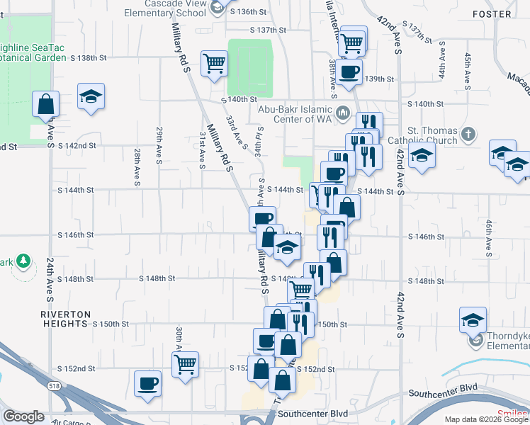 map of restaurants, bars, coffee shops, grocery stores, and more near 3403 South 144th Street in Tukwila
