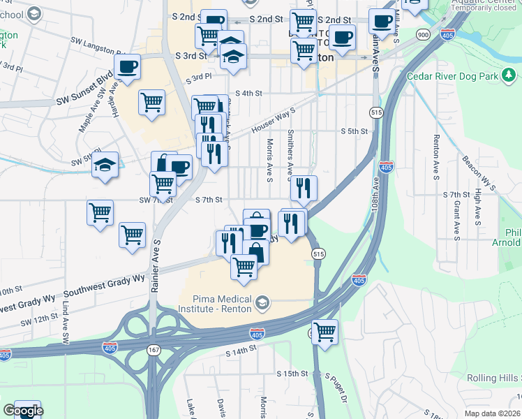 map of restaurants, bars, coffee shops, grocery stores, and more near 415 South 7th Street in Renton