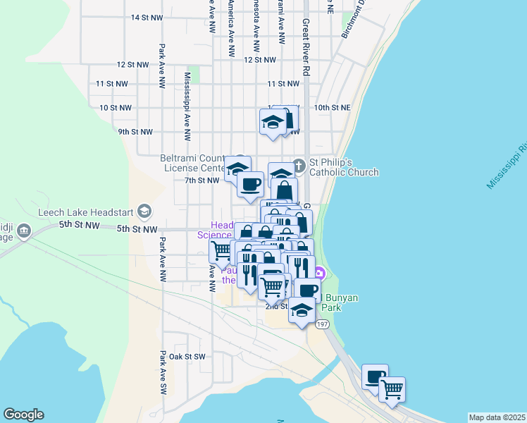 map of restaurants, bars, coffee shops, grocery stores, and more near 522 Minnesota Avenue Northwest in Bemidji