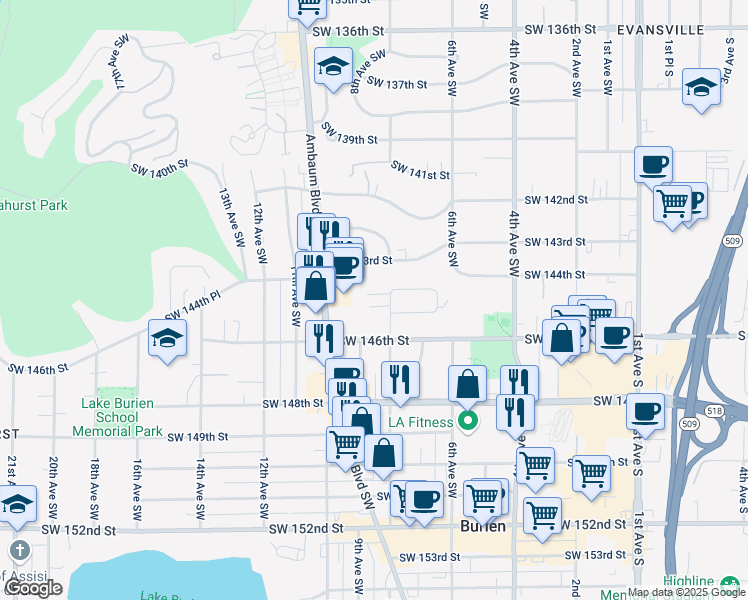 map of restaurants, bars, coffee shops, grocery stores, and more near 14421 8th Avenue Southwest in Burien