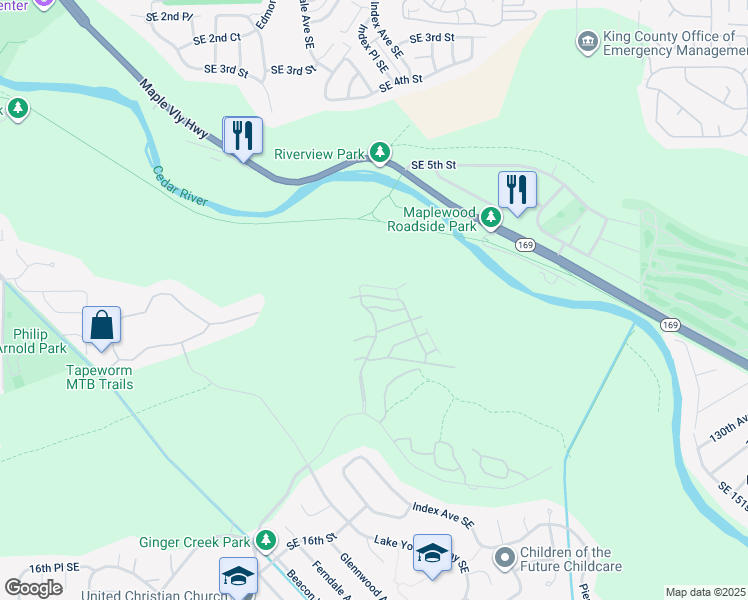 map of restaurants, bars, coffee shops, grocery stores, and more near 2910 Royal Hills Drive Southeast in Renton