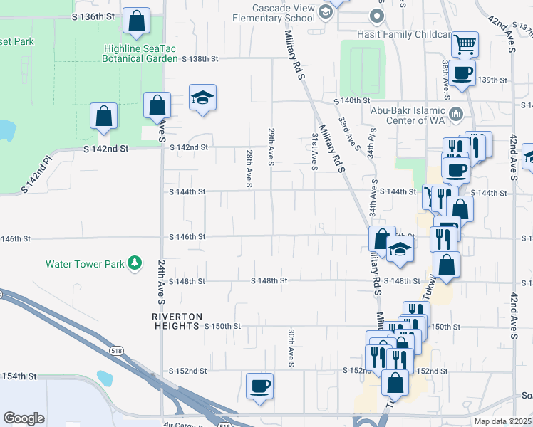 map of restaurants, bars, coffee shops, grocery stores, and more near 14420 28th Lane South in SeaTac