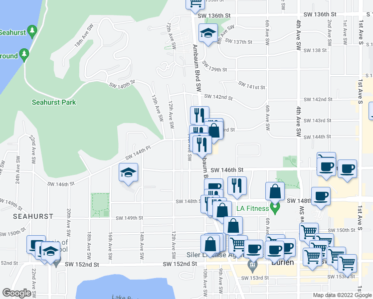 map of restaurants, bars, coffee shops, grocery stores, and more near 14413 11th Avenue Southwest in Burien