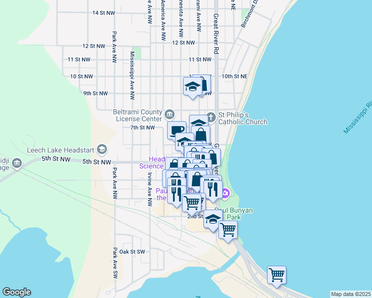 map of restaurants, bars, coffee shops, grocery stores, and more near 522 Minnesota Avenue Northwest in Bemidji
