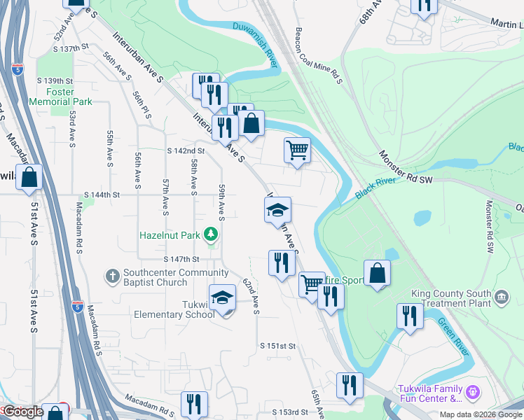 map of restaurants, bars, coffee shops, grocery stores, and more near 14451 Interurban Avenue South in Tukwila
