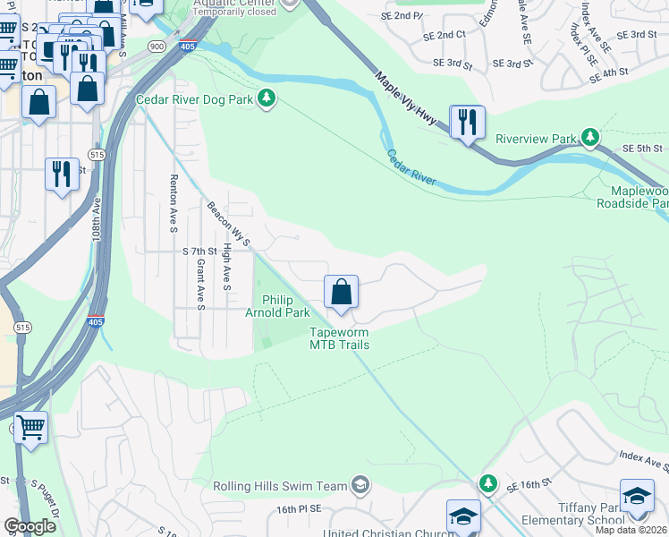 map of restaurants, bars, coffee shops, grocery stores, and more near 728 Lincoln Avenue Southeast in Renton