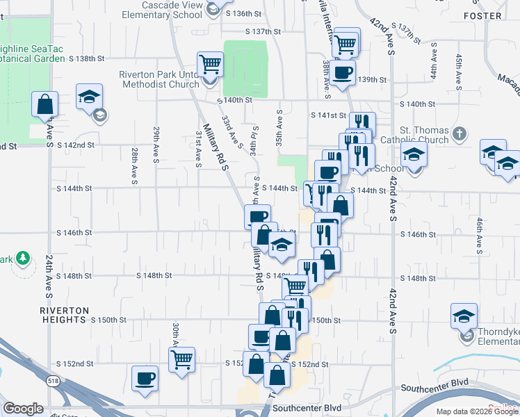 map of restaurants, bars, coffee shops, grocery stores, and more near 3403 South 144th Street in Tukwila