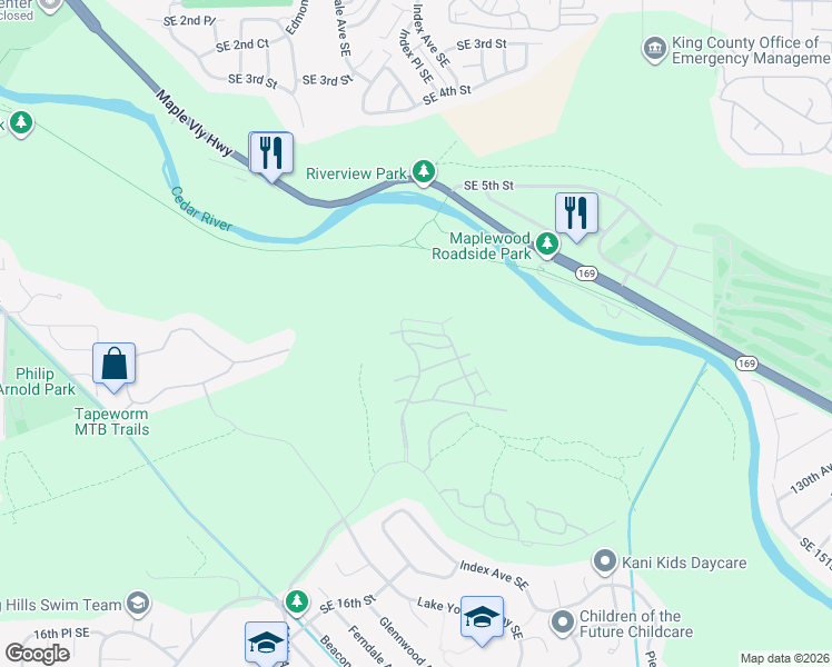 map of restaurants, bars, coffee shops, grocery stores, and more near 2800 Southeast 8th Street in Renton