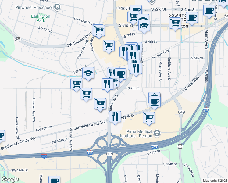 map of restaurants, bars, coffee shops, grocery stores, and more near 707 Rainier Avenue South in Renton
