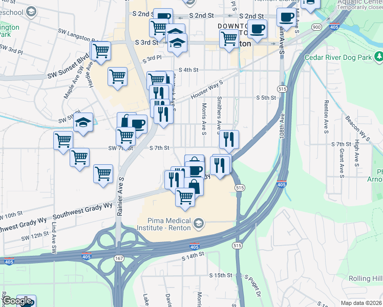 map of restaurants, bars, coffee shops, grocery stores, and more near 405 South 7th Street in Renton