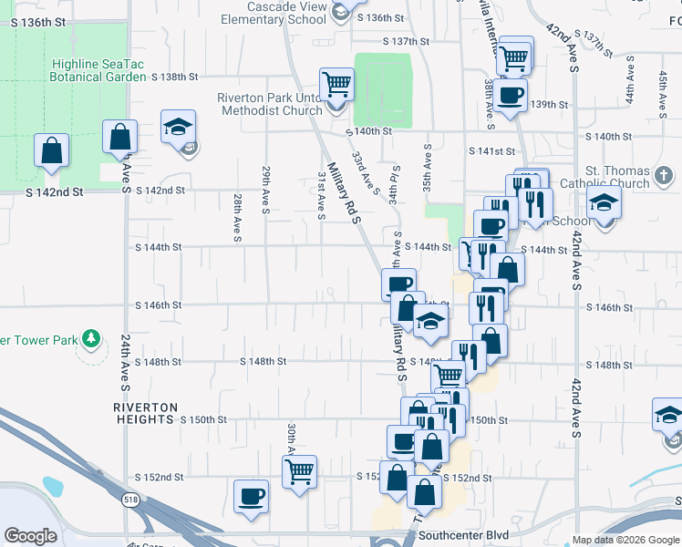 map of restaurants, bars, coffee shops, grocery stores, and more near 14427 32nd Lane South in SeaTac