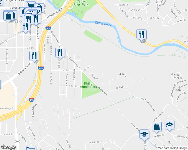 map of restaurants, bars, coffee shops, grocery stores, and more near 1805 Southeast 8th Place in Renton