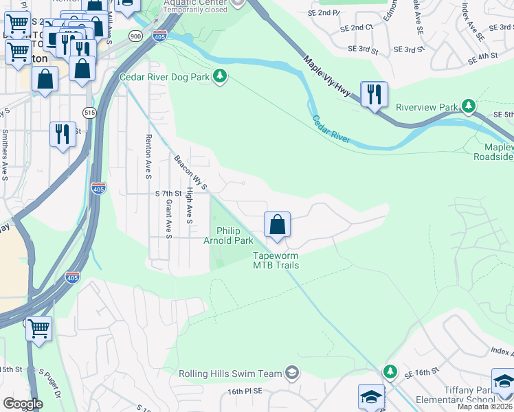 map of restaurants, bars, coffee shops, grocery stores, and more near 728 Lincoln Avenue Southeast in Renton