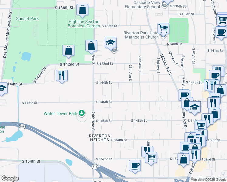 map of restaurants, bars, coffee shops, grocery stores, and more near 2605 South 144th Street in SeaTac