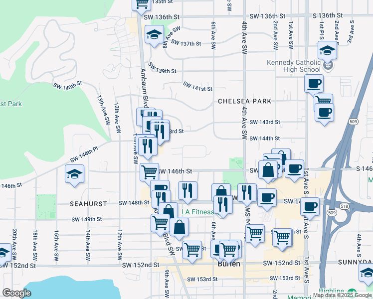 map of restaurants, bars, coffee shops, grocery stores, and more near 655 Southwest 144th Place in Burien
