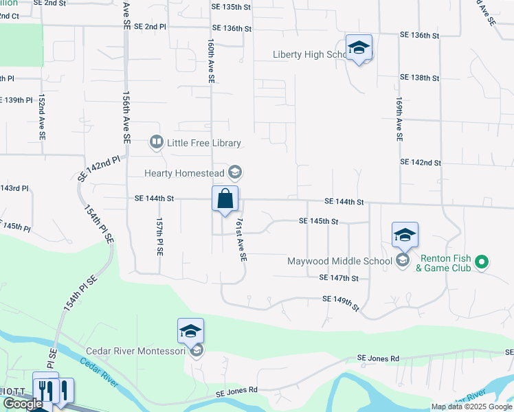 map of restaurants, bars, coffee shops, grocery stores, and more near 14404 162nd Avenue Southeast in Renton