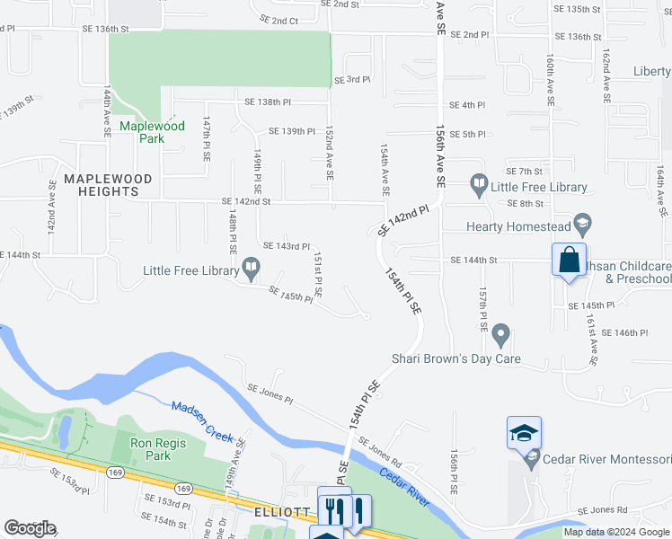 map of restaurants, bars, coffee shops, grocery stores, and more near 14419 152nd Place Southeast in Renton