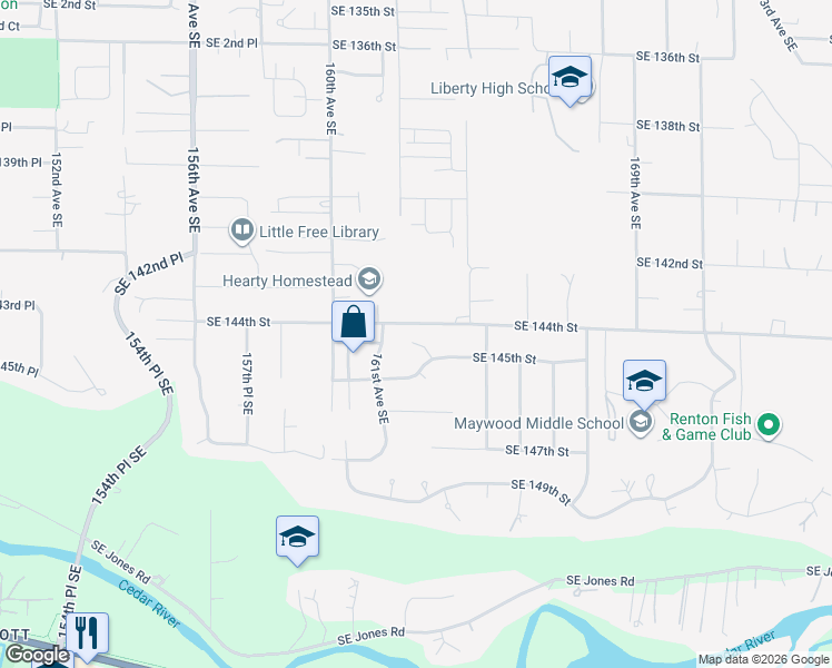 map of restaurants, bars, coffee shops, grocery stores, and more near 14404 162nd Avenue Southeast in Renton