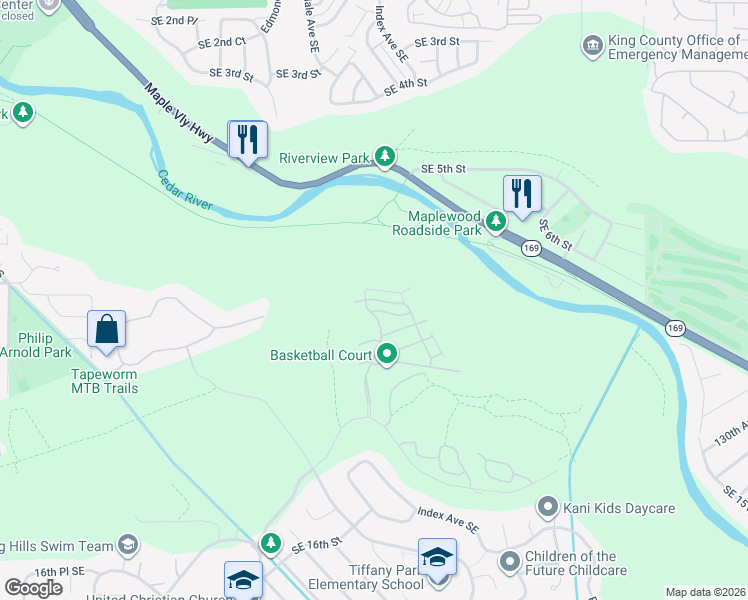 map of restaurants, bars, coffee shops, grocery stores, and more near 2910 Royal Hills Drive Southeast in Renton