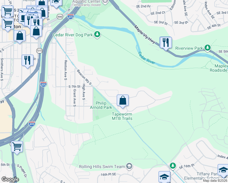 map of restaurants, bars, coffee shops, grocery stores, and more near 728 Lincoln Avenue Southeast in Renton