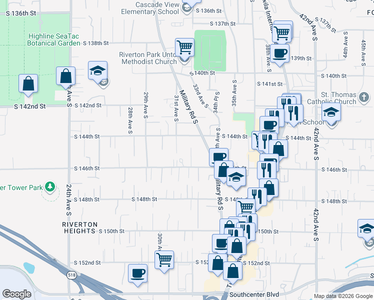 map of restaurants, bars, coffee shops, grocery stores, and more near 14427 32nd Lane South in SeaTac