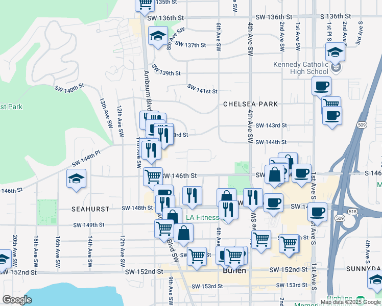 map of restaurants, bars, coffee shops, grocery stores, and more near 655 Southwest 144th Place in Burien