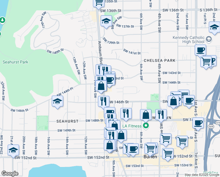 map of restaurants, bars, coffee shops, grocery stores, and more near 14400 Ambaum Boulevard Southwest in Seattle