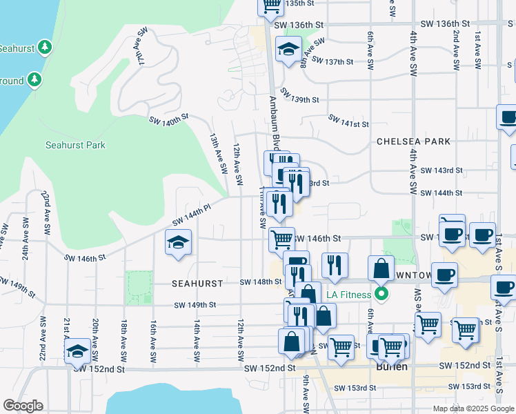 map of restaurants, bars, coffee shops, grocery stores, and more near 14413 11th Avenue Southwest in Burien