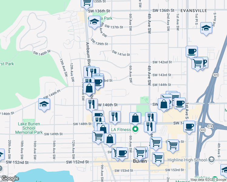 map of restaurants, bars, coffee shops, grocery stores, and more near 655 Southwest 144th Place in Burien