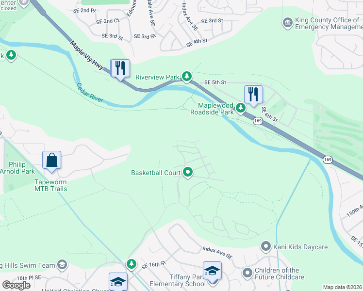 map of restaurants, bars, coffee shops, grocery stores, and more near 2910 Royal Hills Drive Southeast in Renton
