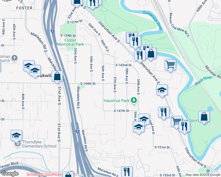 map of restaurants, bars, coffee shops, grocery stores, and more near 14415 57th Avenue South in Tukwila