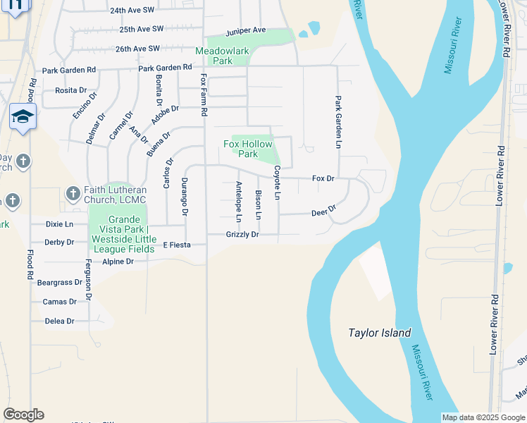 map of restaurants, bars, coffee shops, grocery stores, and more near 3409 Bison Lane in Great Falls