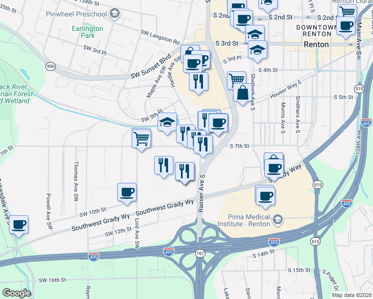 map of restaurants, bars, coffee shops, grocery stores, and more near 225 Southwest 7th Street in Renton