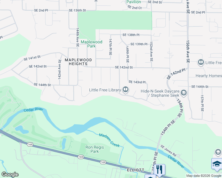 map of restaurants, bars, coffee shops, grocery stores, and more near 14714 Southeast 145th Place in Renton