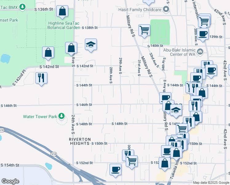 map of restaurants, bars, coffee shops, grocery stores, and more near 14420 28th Lane South in SeaTac