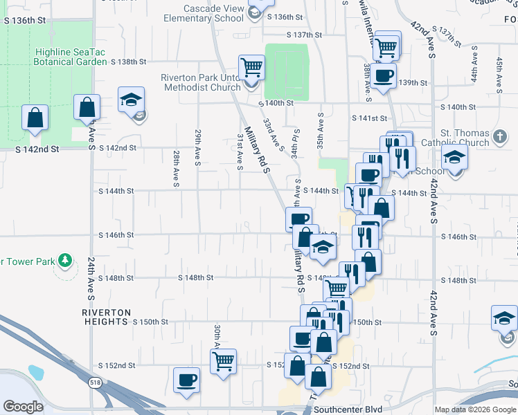 map of restaurants, bars, coffee shops, grocery stores, and more near 14427 32nd Lane South in SeaTac