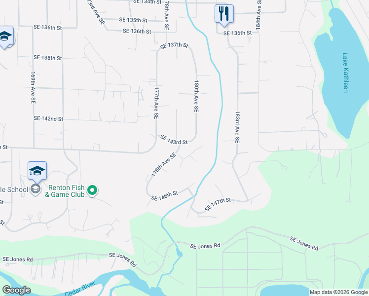 map of restaurants, bars, coffee shops, grocery stores, and more near 18002 Southeast 144th Street in Renton