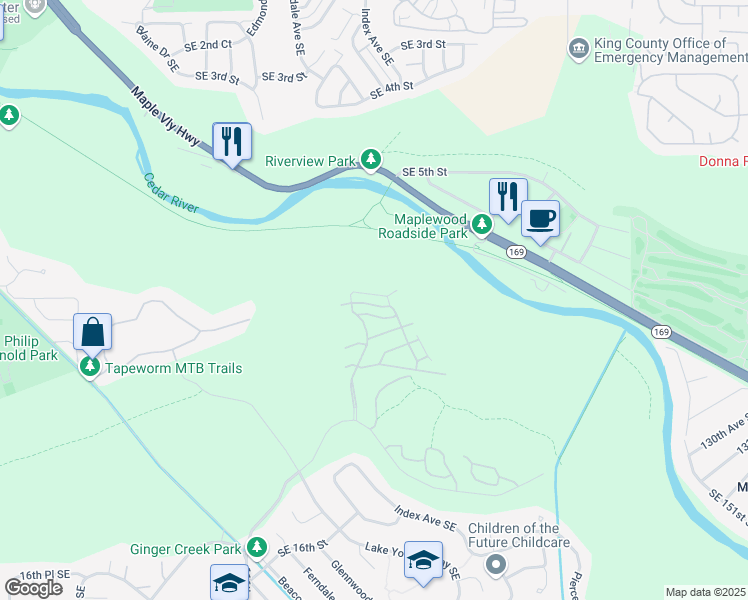 map of restaurants, bars, coffee shops, grocery stores, and more near 2910 Royal Hills Drive Southeast in Renton