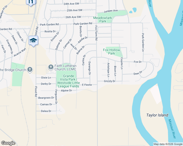 map of restaurants, bars, coffee shops, grocery stores, and more near 1026 Durango Drive in Great Falls