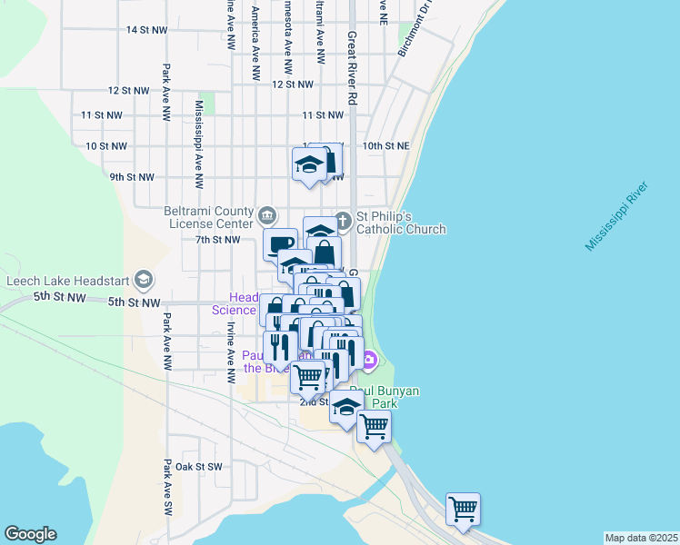 map of restaurants, bars, coffee shops, grocery stores, and more near in Bemidji