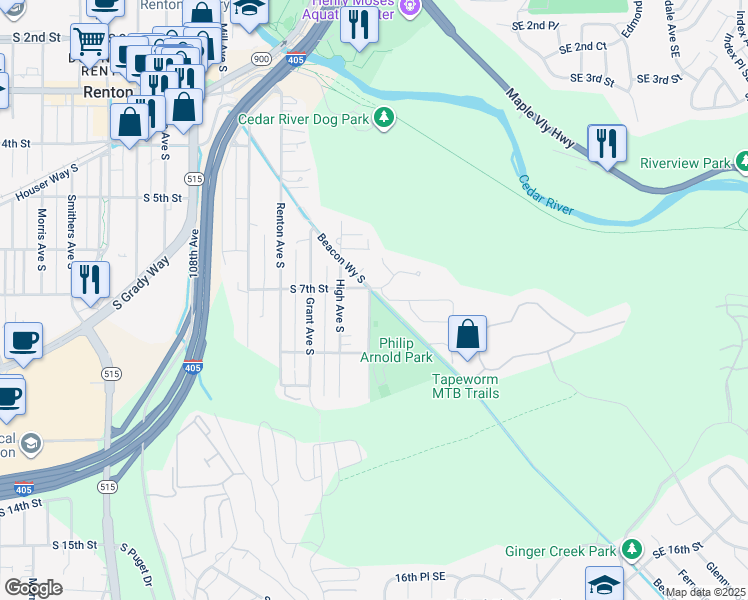 map of restaurants, bars, coffee shops, grocery stores, and more near 720 Jones Avenue South in Renton