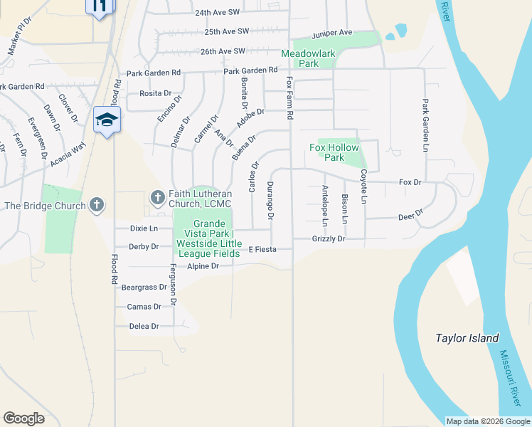 map of restaurants, bars, coffee shops, grocery stores, and more near 1026 Durango Drive in Great Falls