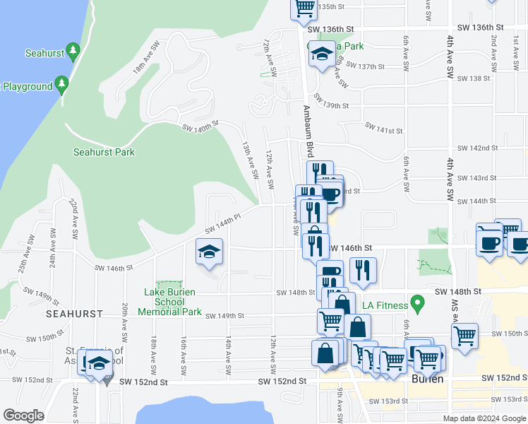 map of restaurants, bars, coffee shops, grocery stores, and more near 1215 Southwest 144th Street in Burien