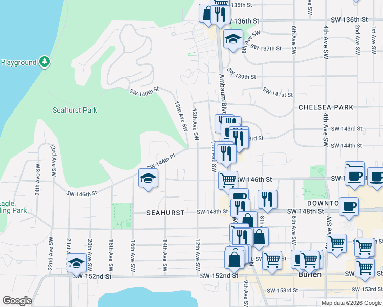 map of restaurants, bars, coffee shops, grocery stores, and more near 1215 Southwest 144th Street in Burien